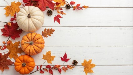 Fototapeta premium autumn landscape with pumpkins and maple leaves on a white wooden background, pumpkin patch, autumn colors