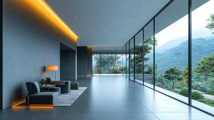 Modern interior with large windows showcasing a scenic view of mountains and greenery.