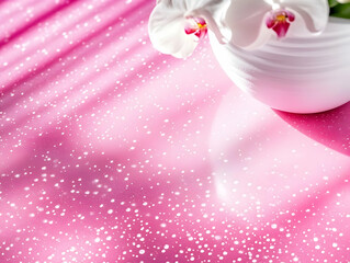 White Orchid in a Pot Sits on a Pink Glittery Surface with Soft, Diagonal Light Beams