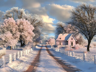 Obraz premium A Serene Winter Landscape Depicts a Pink House Nestled Amidst Snow-Covered Trees and a Fenced Dirt Road Under a Cloudy Sky at Sunset.