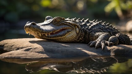 Obraz premium A crocodile resting on a rock near water, showcasing its textured skin and environment.