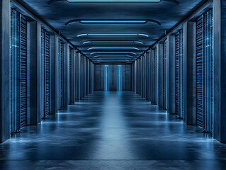 Futuristic Corridor Illuminates with Blue Neon Lights, Creating a Sci-Fi Ambiance in an Empty Hallway