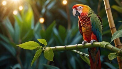 A vibrant parrot perched on a bamboo branch amidst lush greenery and soft lighting.