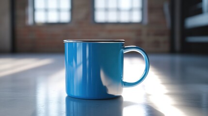Blue mug, studio, sunlight, brick background, mockup