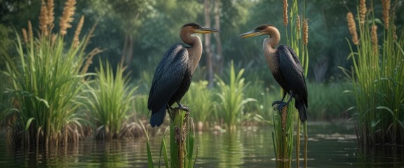 Anhinga perched on a cattail in the shallow water, venice audubon rookery, anhinga, heron like