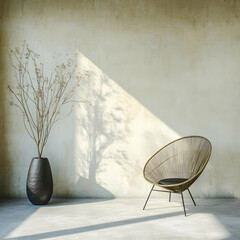 Minimalist interior with wicker chair, vase with dried flowers and shadows on the wall