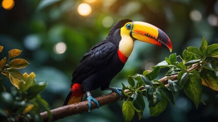 Naklejka premium A colorful toucan perched on a branch amidst lush greenery.