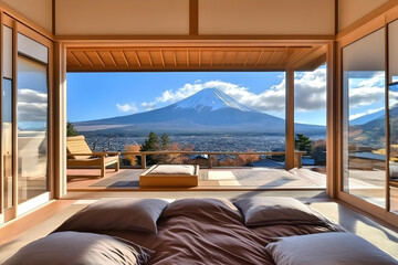 Obraz premium Traditional Japanese Room Opens to Majestic Mountain View with Serene Bedroom Setting