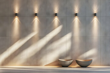 Modern Minimalist Interior with Concrete Wall, Wall Lamps, and Decorative Bowls Displayed Elegantly