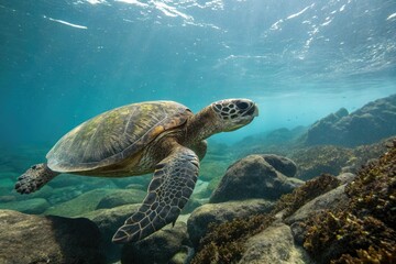 Fototapeta premium Ancient sea turtle species megalochelys in a rocky sea, ancient wildlife, megalochelys, fossil record, coastal geology