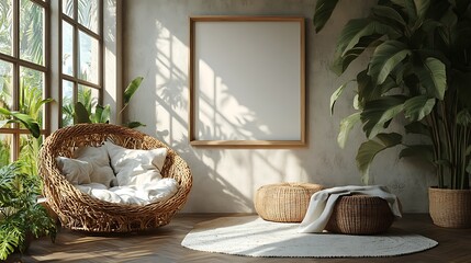 Fototapeta premium Relaxing bohemian room, sunlight, wicker chair, plants. Home decor mockup