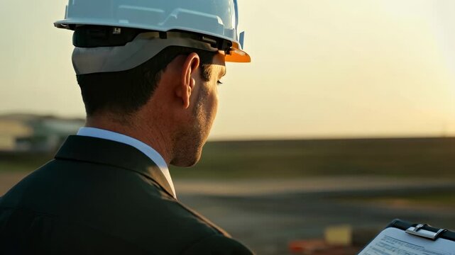 Caucasian male supervisor in a yellow hardhat with clipboard on construction site. An attentive supervisor checks safety protocols, prioritizing site security.