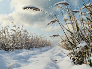 Fototapeta premium Snowy Field with Tall Grass