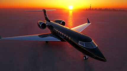 Fototapeta premium Private Jet on Water at Sunset Near City Skyline.