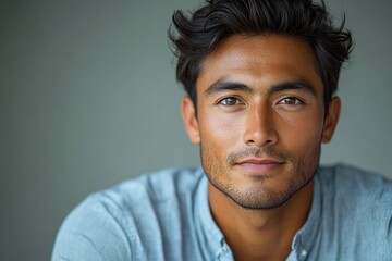 Obraz premium A close-up portrait of a young man with a confident expression and casual attire.