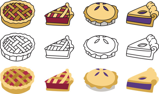 Fresh Whole pie and pie slice strawberry and blieberry flavor with crust vector illustration. Crimped edge, lattice top.