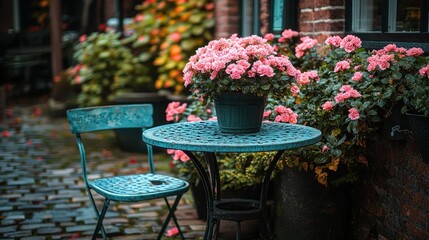 Pink flowers on a bistro table in a cozy courtyard garden