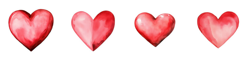 Fototapeta premium Four red hearts in varying sizes, showcasing a watercolor style and a blend of shades, symbolizing love and affection.