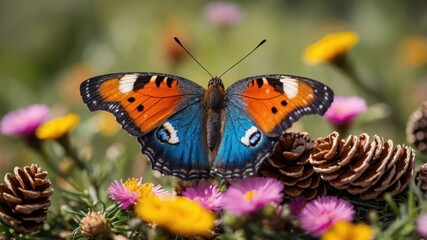 A vibrant butterfly perched on colorful flowers with pine cones in the background.