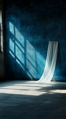White Sheer Fabric Drapes Across a Dark Blue Wall in Abandoned Room with Window Light