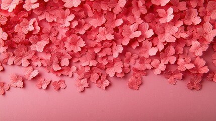 Fototapeta premium Pink flowers scattered on pink background, top view, design use