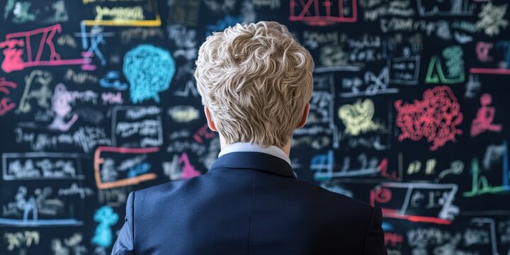 mathematician standing in front of algorithmic equations on board