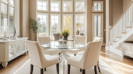 modern dining room with a white marble table, soft tan chairs, and a minimalist design,