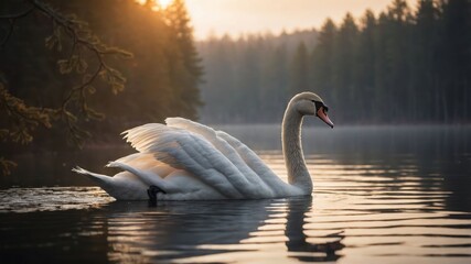 Fototapeta premium A serene swan glides gracefully across a calm lake at sunrise, surrounded by trees.