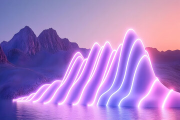 3D Neon Light Landscape with Mountains Reflected in Water during Sunset