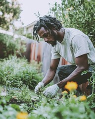 Fototapeta premium A man gardening in his backyard, planting flowers with precision and care,