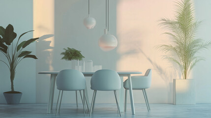 modern dining room with a white marble table, soft tan chairs, and a minimalist design,