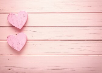 Fototapeta premium Two pink wooden hearts on a pastel pink wooden surface with natural textures, creating a soft and romantic atmosphere. Perfect for Valentine's Day, romantic events, and heartfelt design themes