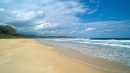 Tropical Sandy Beach with Soft Blue Ocean Waves and Clear Water