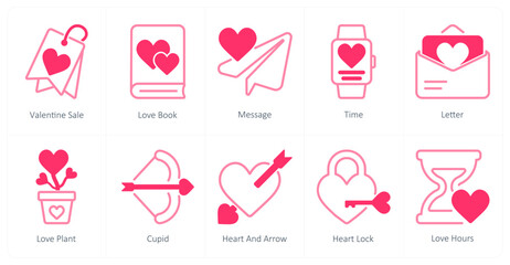 A set of 10 Valentine's Day icons as valentine sale, love book, message