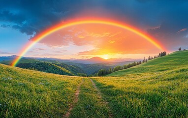 Obraz premium Majestic sunset rainbow over lush green mountain meadow.