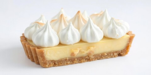Close-up of a delicious lemon meringue tart with a golden crust, creamy lemon filling, and fluffy meringue topping on a clean white background, golden crust, sweet