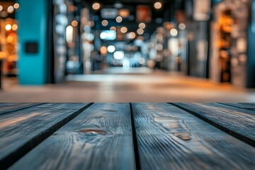 Empty Wooden Table Top with Blurred Building Background, Perfect for Product Placement or Design Projects