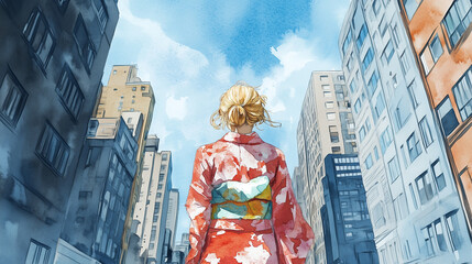Fototapeta premium Blonde Girl in Red Floral Kimono Walking Among Tall Urban Buildings – Watercolor Illustration