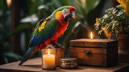 A colorful parrot perched beside candles and a wooden box in a lush, green setting.