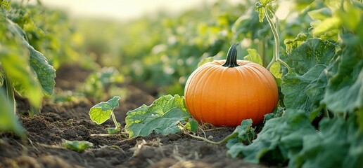 Obraz premium Ripe pumpkin in autumn field, harvest background