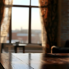 Empty Wooden Table Presents Blurred Background of Room with Window, Curtains, and Distant View