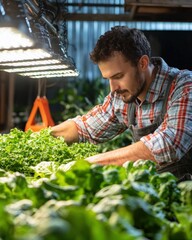 A man harvesting vegetables in a hydroponic indoor farm lit with LED grow lights,