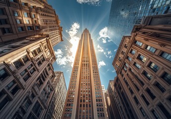 Stunning view of a towering skyscraper under a bright blue sky, surrounded by historic buildings, showcasing the architectural contrast and urban landscape of the city.