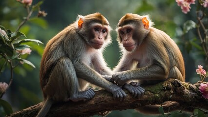 Fototapeta premium Two monkeys sitting closely on a branch, surrounded by greenery and flowers.