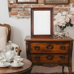 Blank Frame Sits on Wooden Dresser with Roses and Teacups Elegantly Displayed