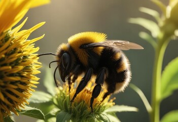 Buff tailed bumblebee on sunflower with pollen, fauna, warm weather, flora