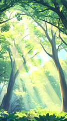 Fototapeta premium Sunlight filters through trees in a lush forest, creating dappled light on the green forest floor.