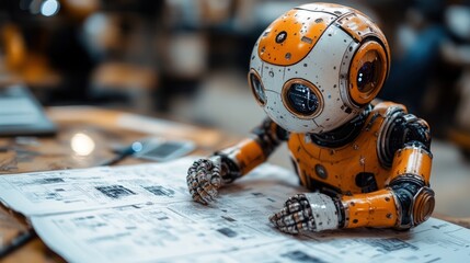 Fototapeta premium Robot reviewing plans in workshop