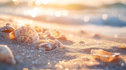 Seashells Gleam on Sandy Beach at Sunset
