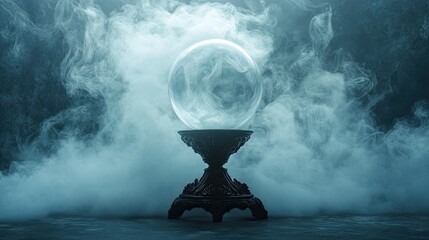 "Crystal Ball of Smoke: Fortune Teller's Mystical Tool Against a Dark Backdrop"